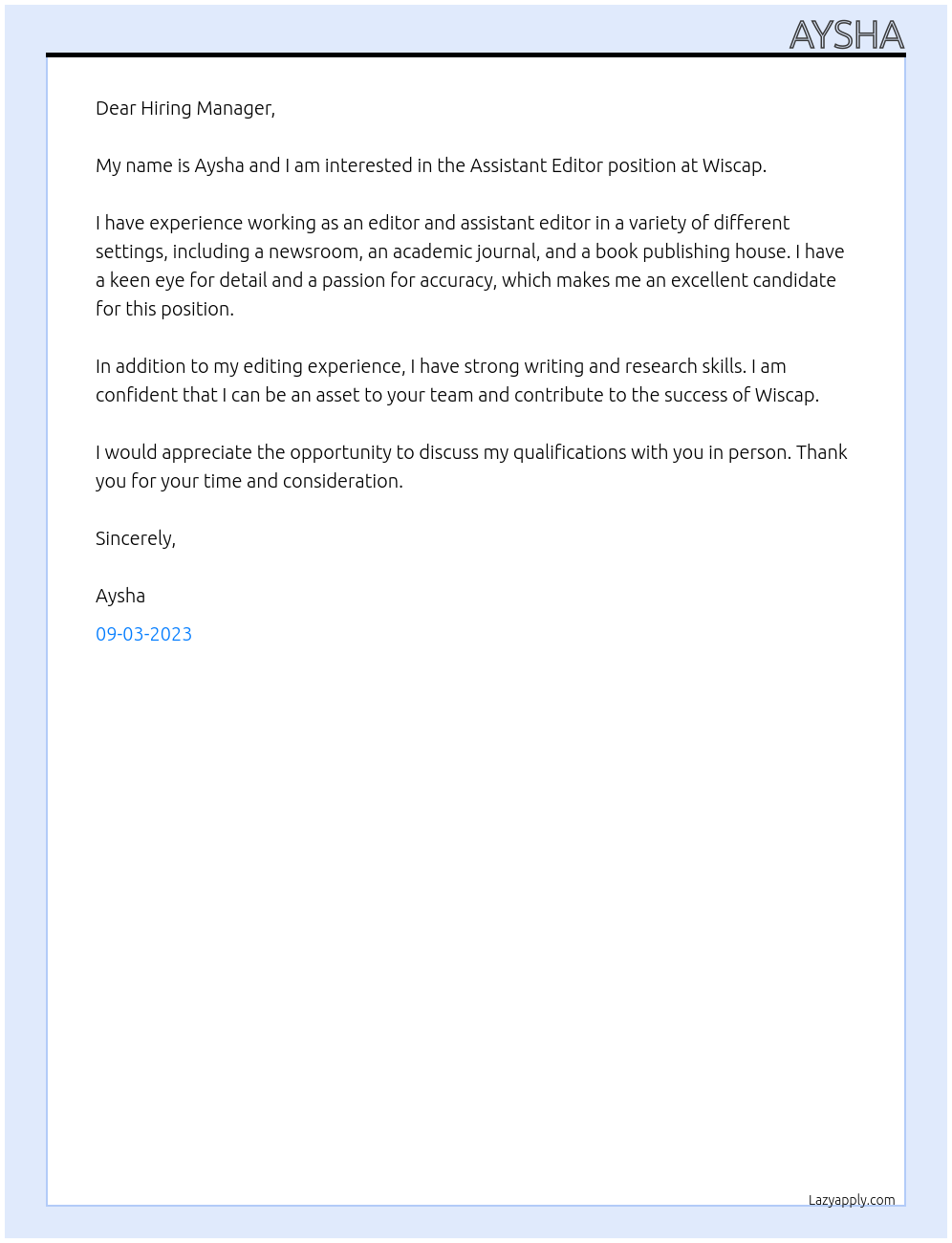 Assistant  Editor At Wiscap Cover Letter