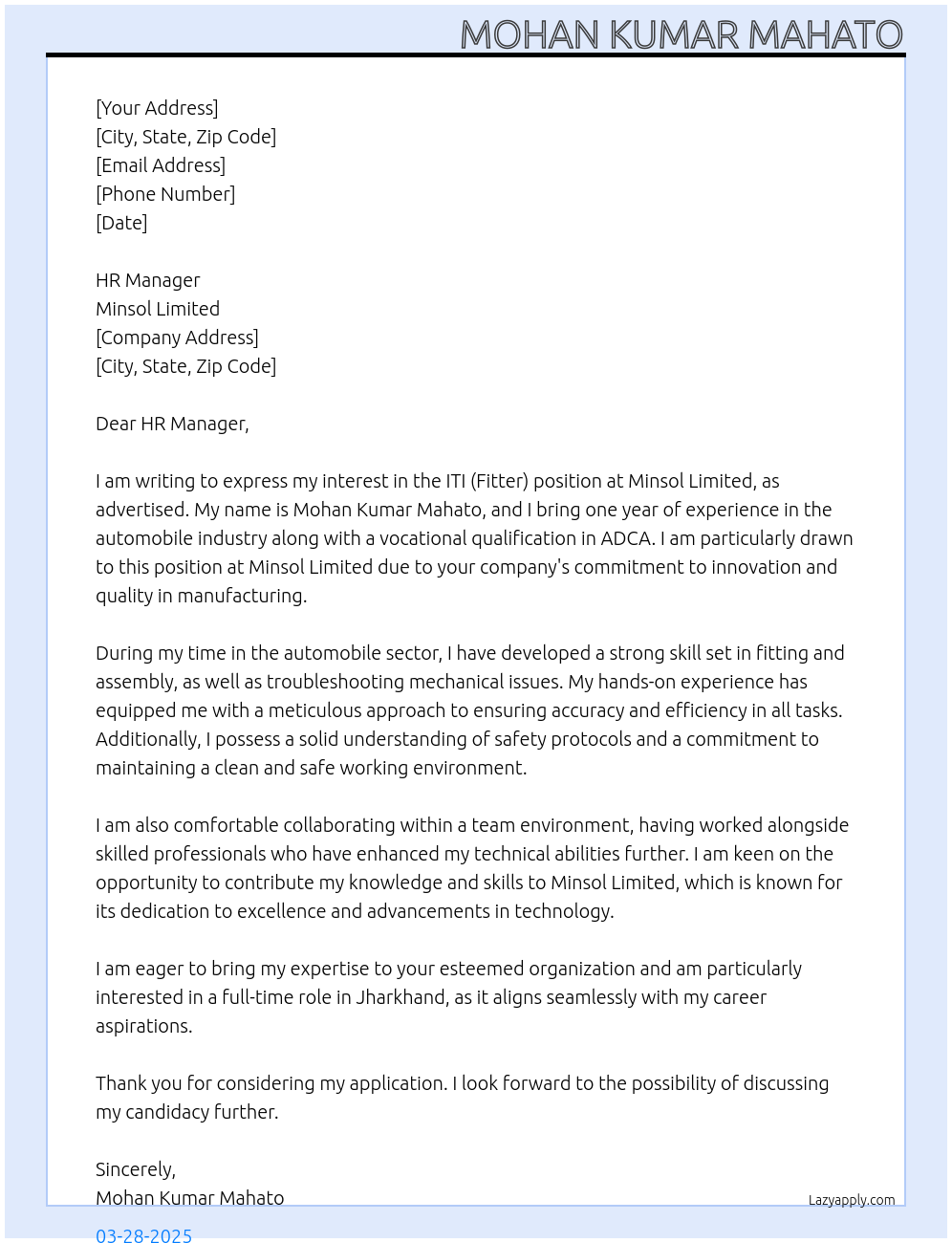 ITI (FITTER)  At Minsol Limited Cover Letter