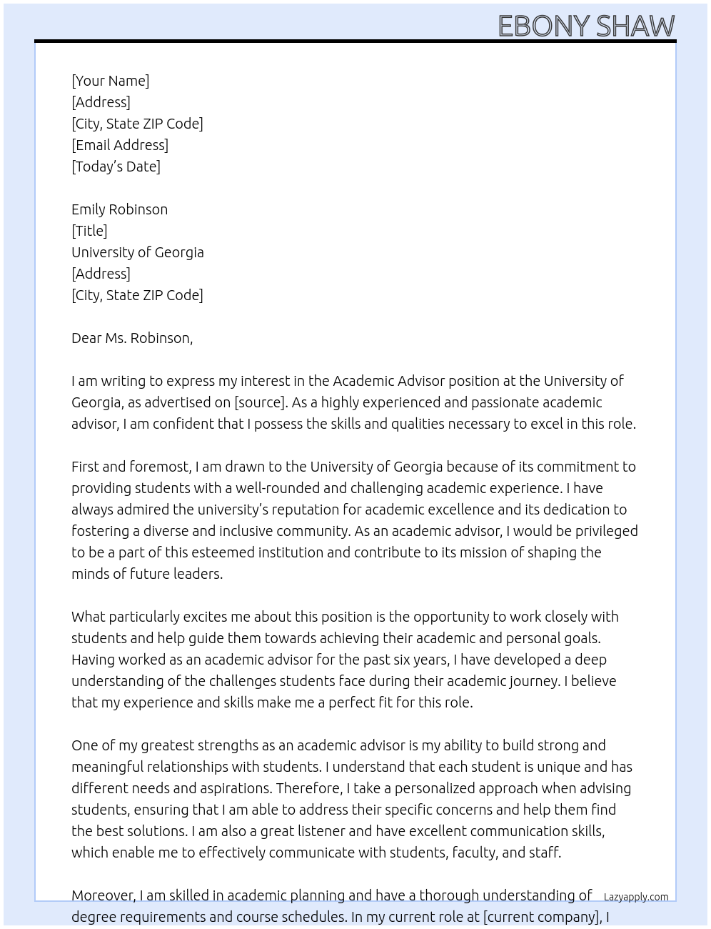 Academic Advisor At University of Georgia Cover Letter