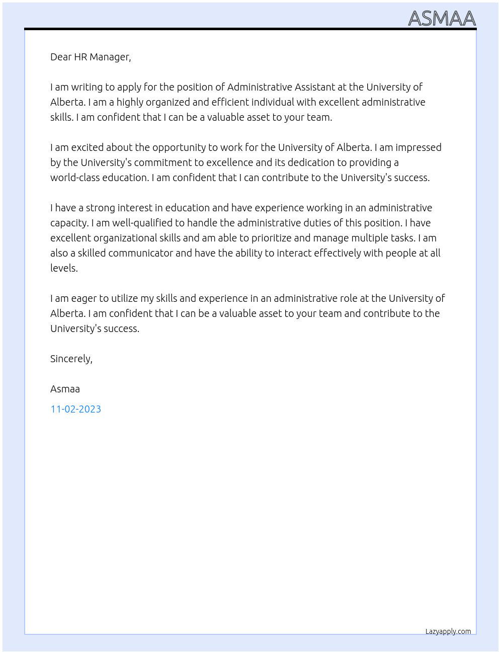 administrative assistance At university of alberta Cover Letter