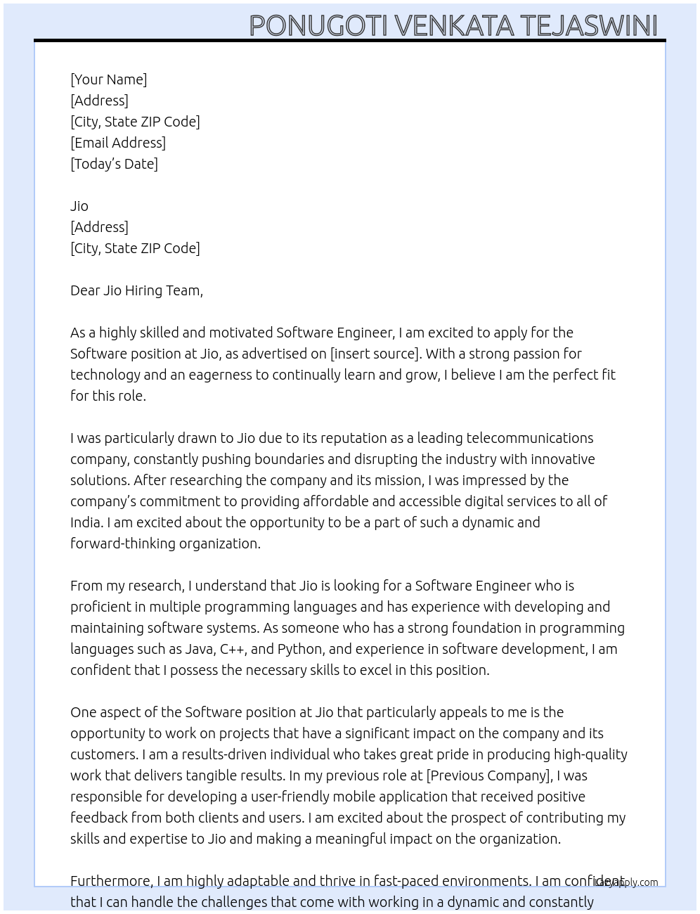 Software  At Jio  Cover Letter