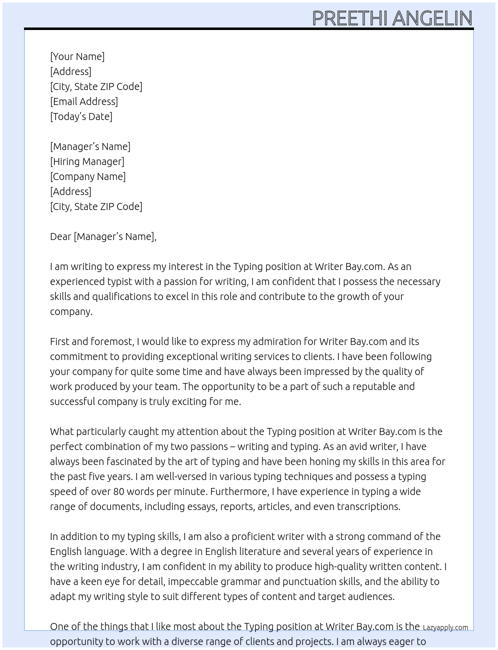 TYPING At Writer Bay.com Cover Letter