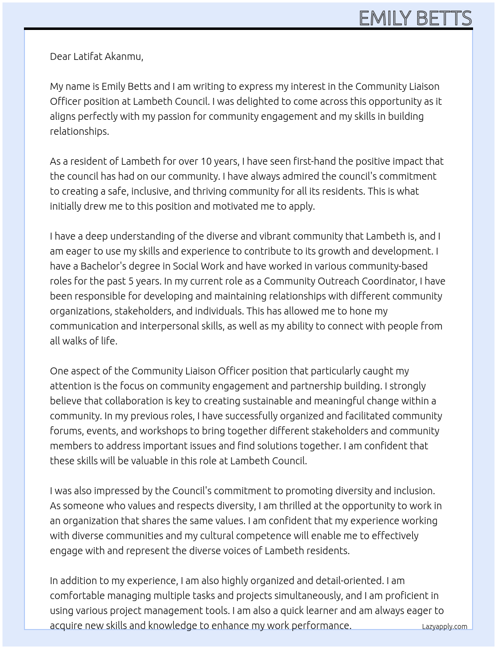 Community Liaison Officer At Lambeth Council Cover Letter