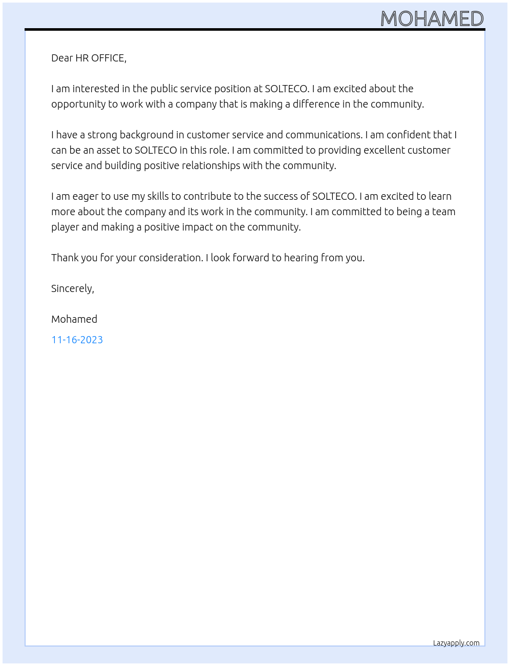 Public service At SOLTECO Cover Letter