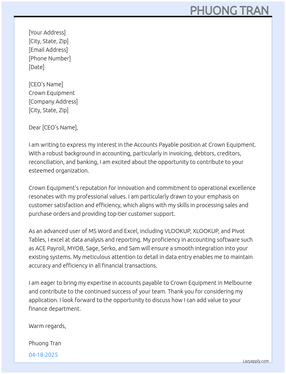 Accounts payable  At Crown equipment  Cover Letter