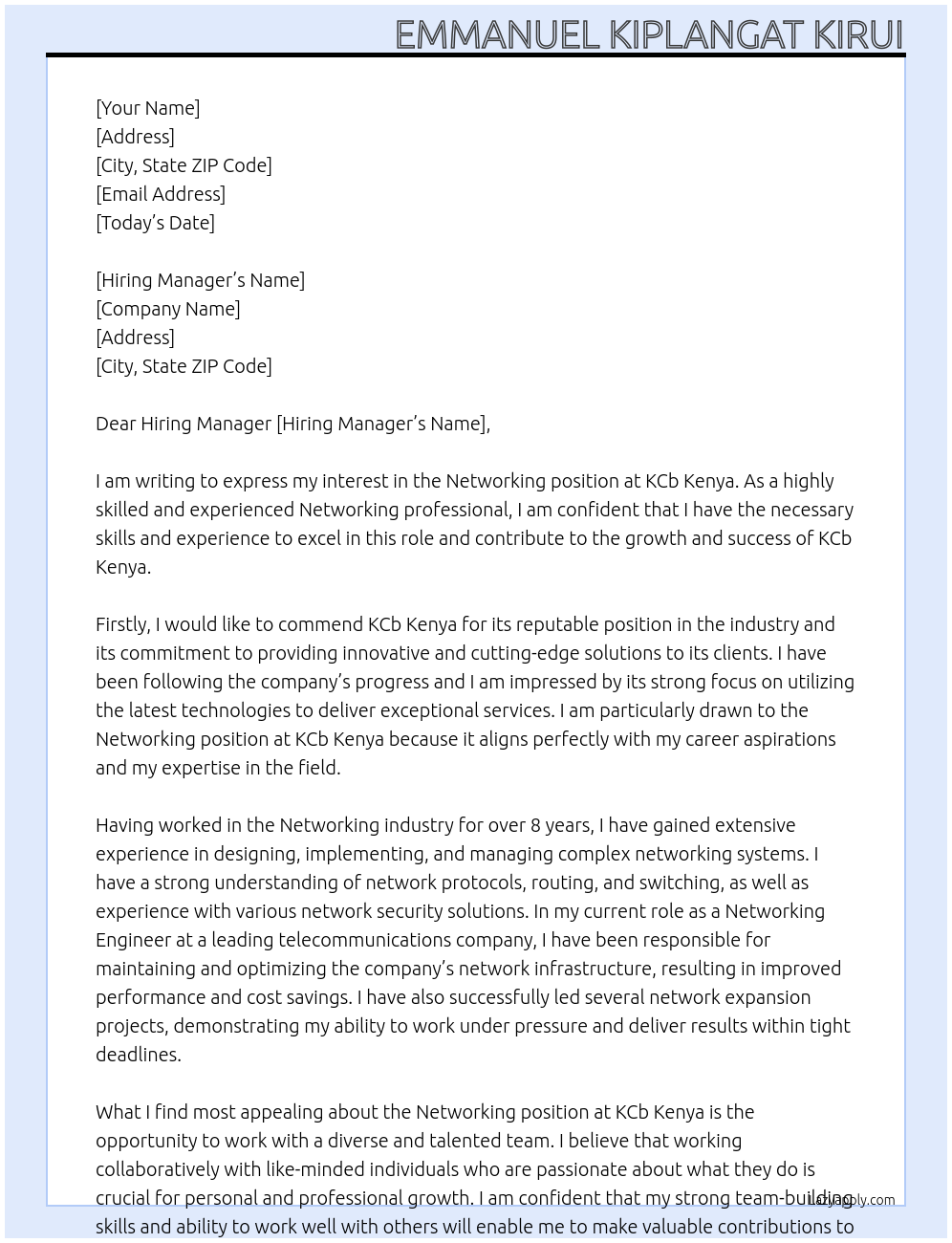 Networking At KCb kenya Cover Letter