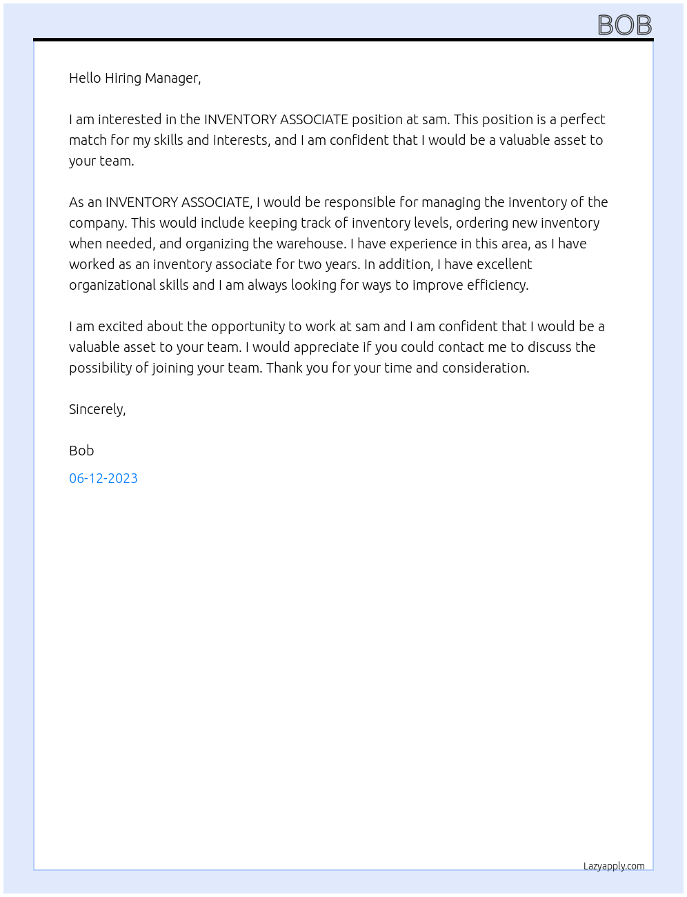 INVENTORY ASSOCIATE At sam Cover Letter