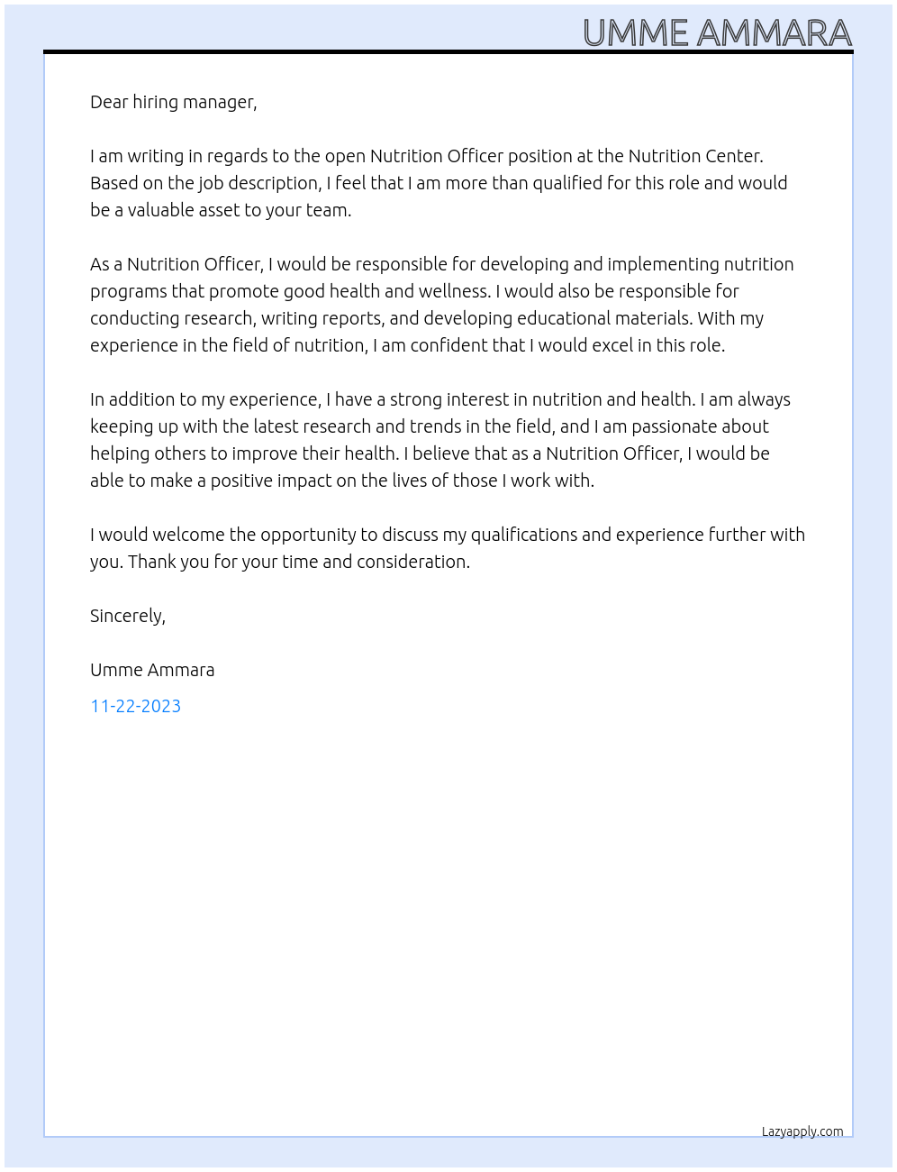 Nutrition officer  At Nutrition center  Cover Letter