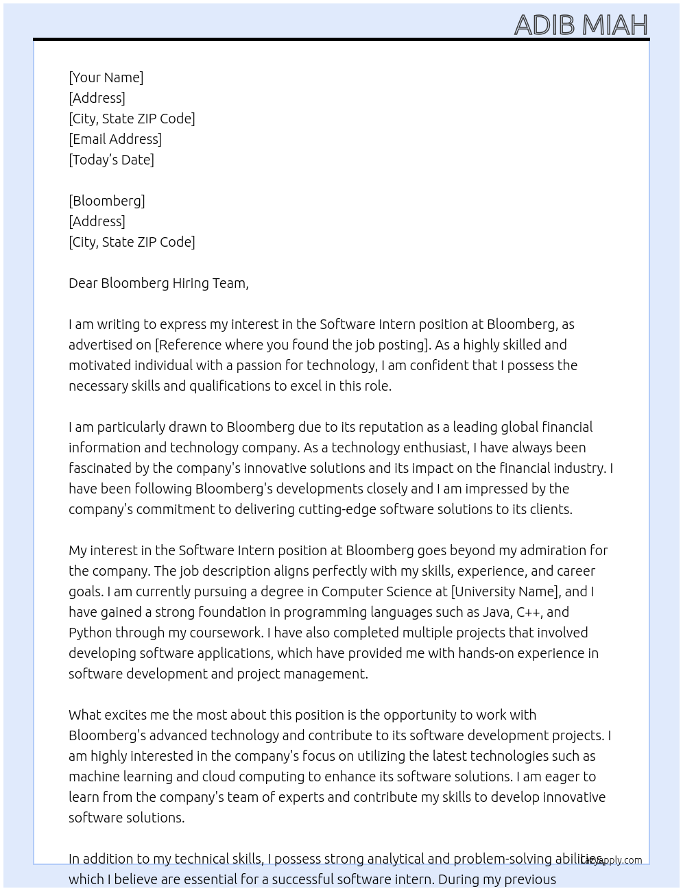 software intern At bloomberg Cover Letter