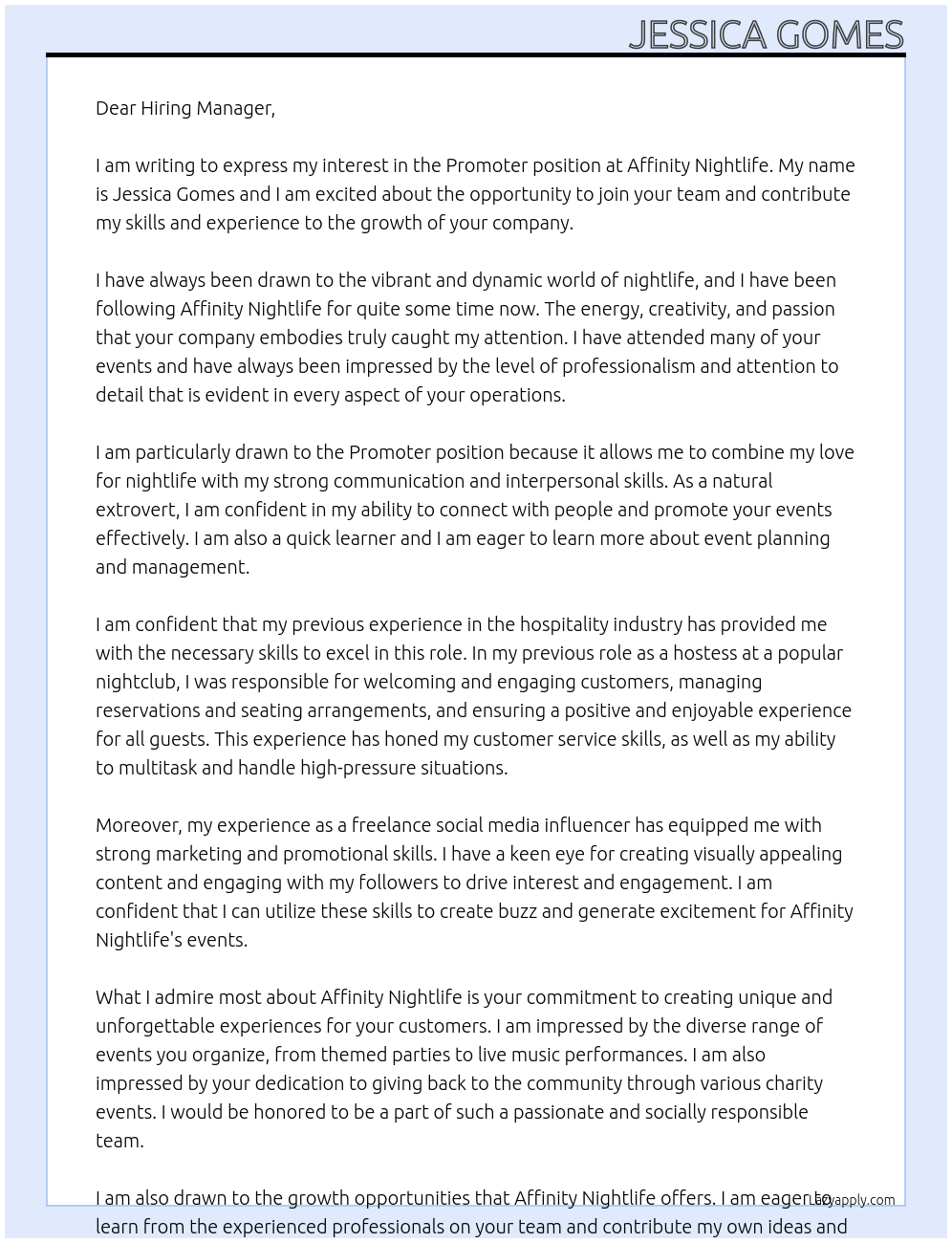 Promoter  At Affinity Nightlife Cover Letter
