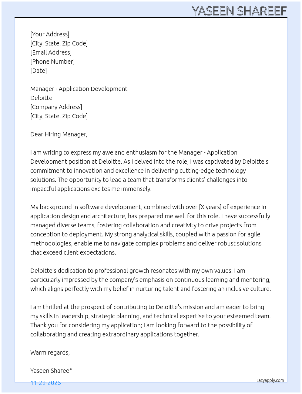 Manager - Application Development At Deloitte Cover Letter