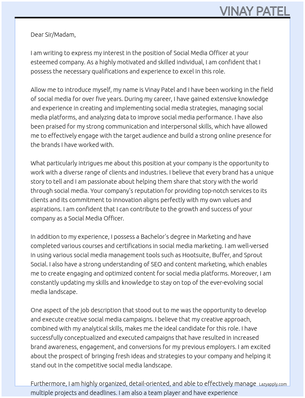 Social Media Officer At N/A Cover Letter