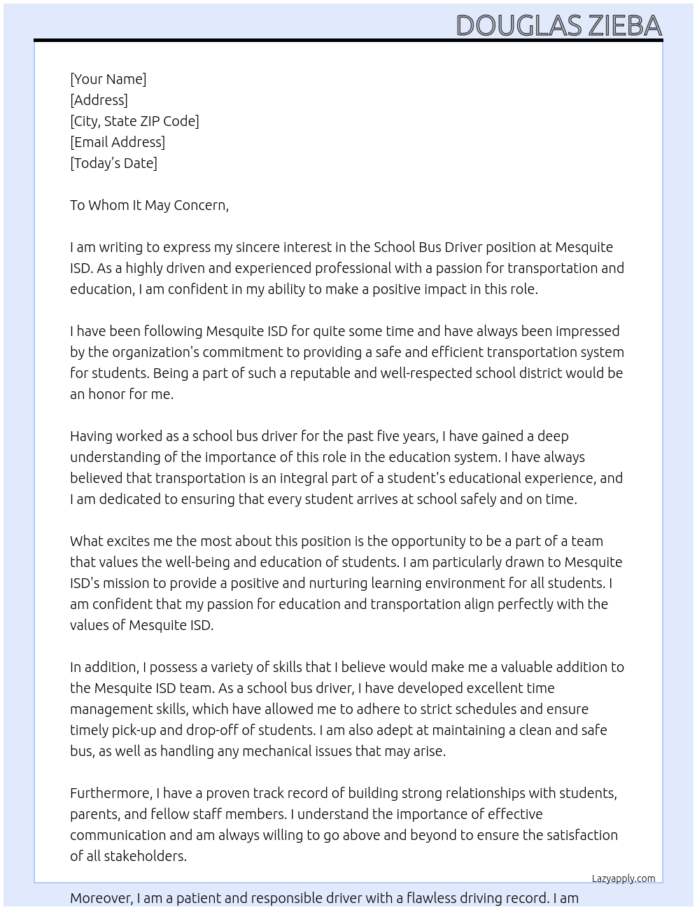 School Bus Driver At Mesquite ISD Cover Letter