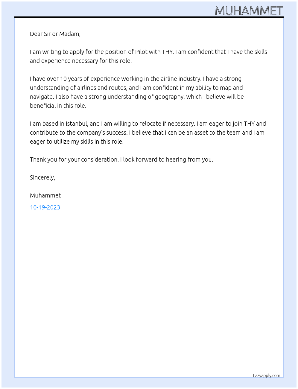 Pilot At THY Cover Letter