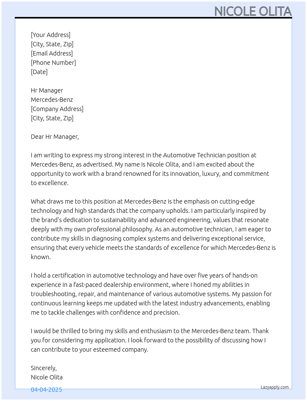 automotive technician At Mercedes-Benz Cover Letter