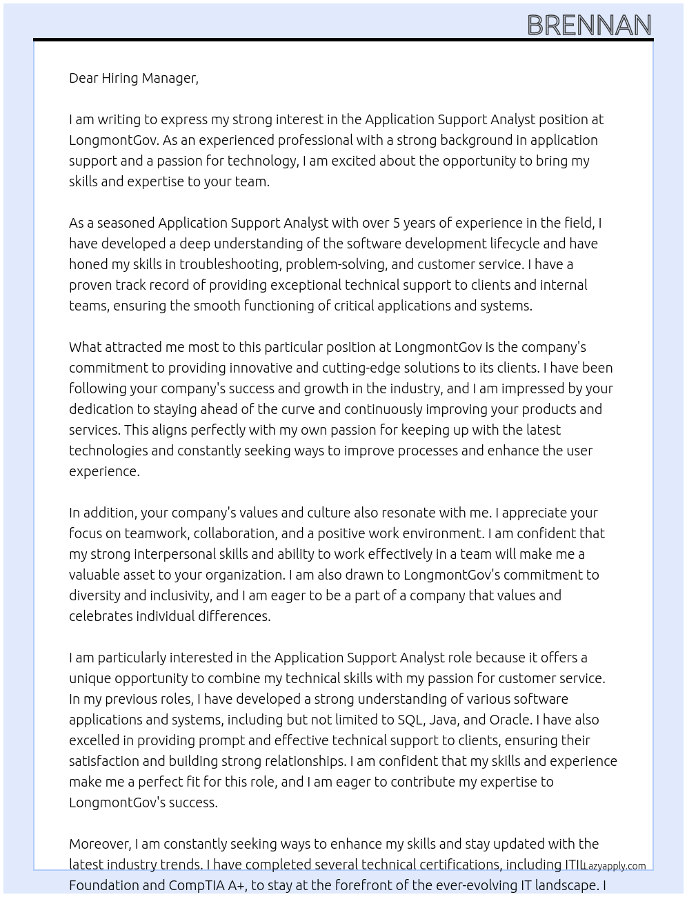 Application Support Analyst At LongmontGov Cover Letter