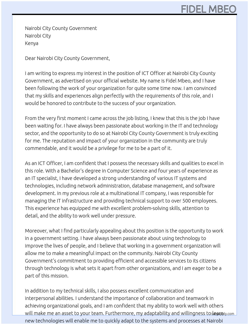 ICT Officer At ICT Officer Cover Letter