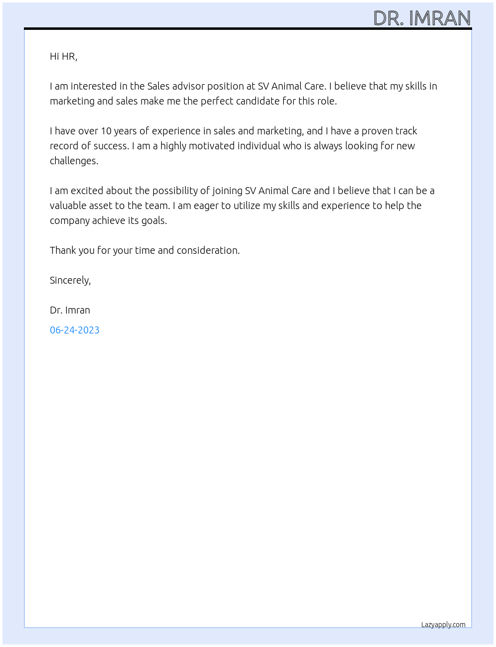 Sales advisor At SV Animal Care Cover Letter