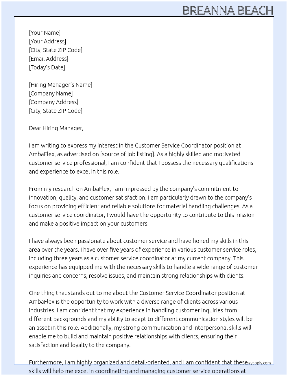 Customer Service Coordinator At AmbaFlex Cover Letter