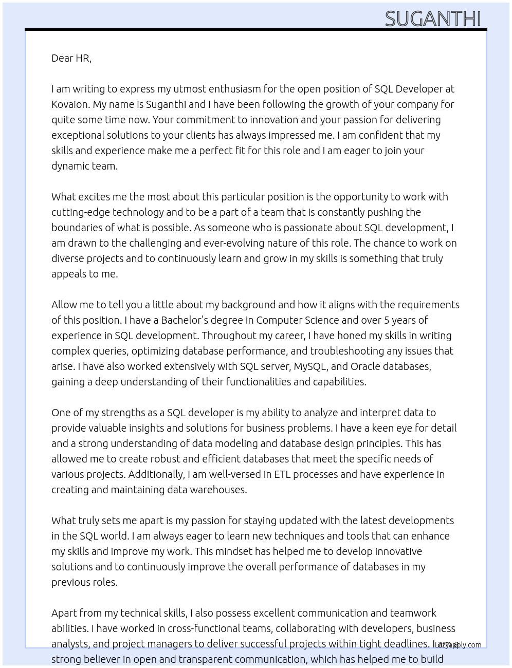 SQL developer At Kovaion Cover Letter