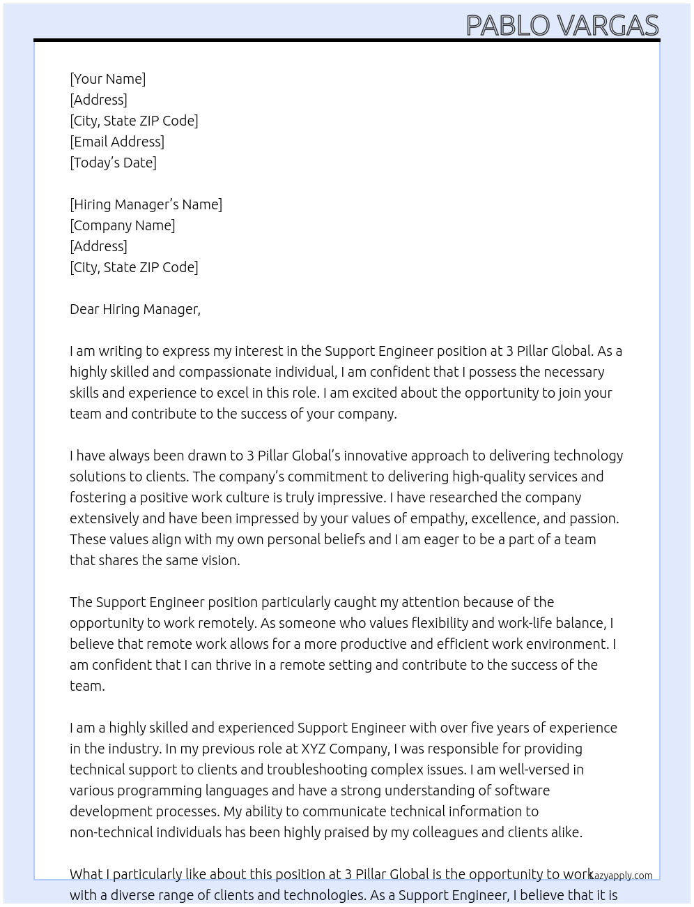 Support Engineer At 3 Pillar Global Cover Letter