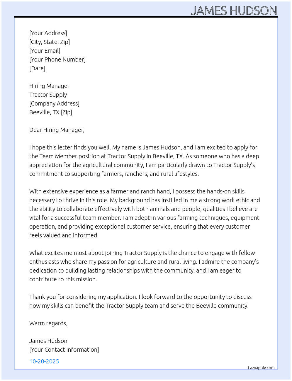 Team Member At Tractor Supply Cover Letter