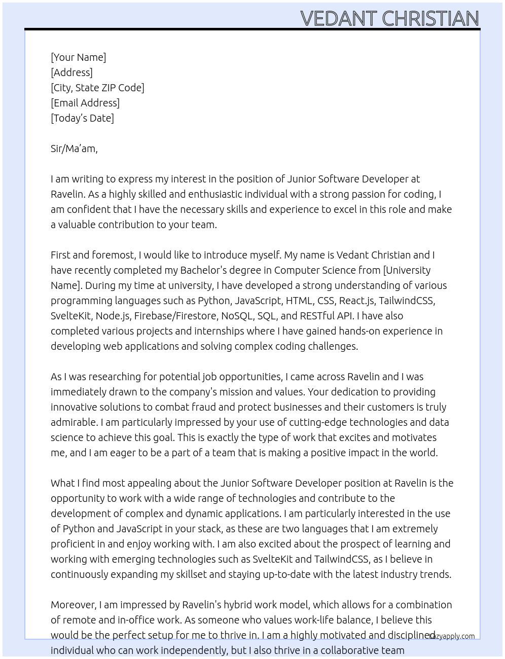 Junior Software Developer At Ravelin Cover Letter