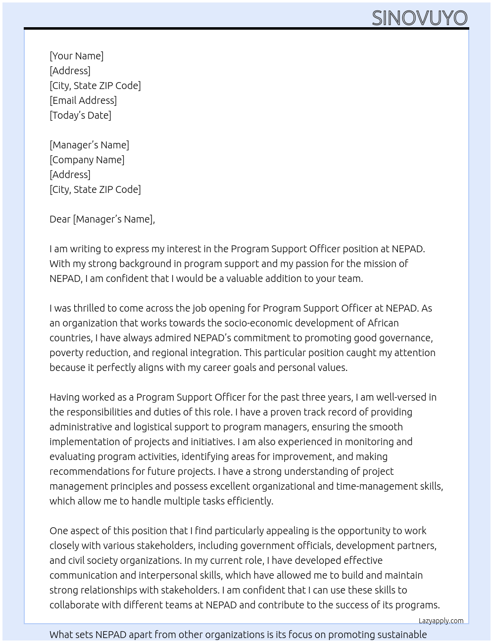 Program Support Officer At NEPAD Cover Letter