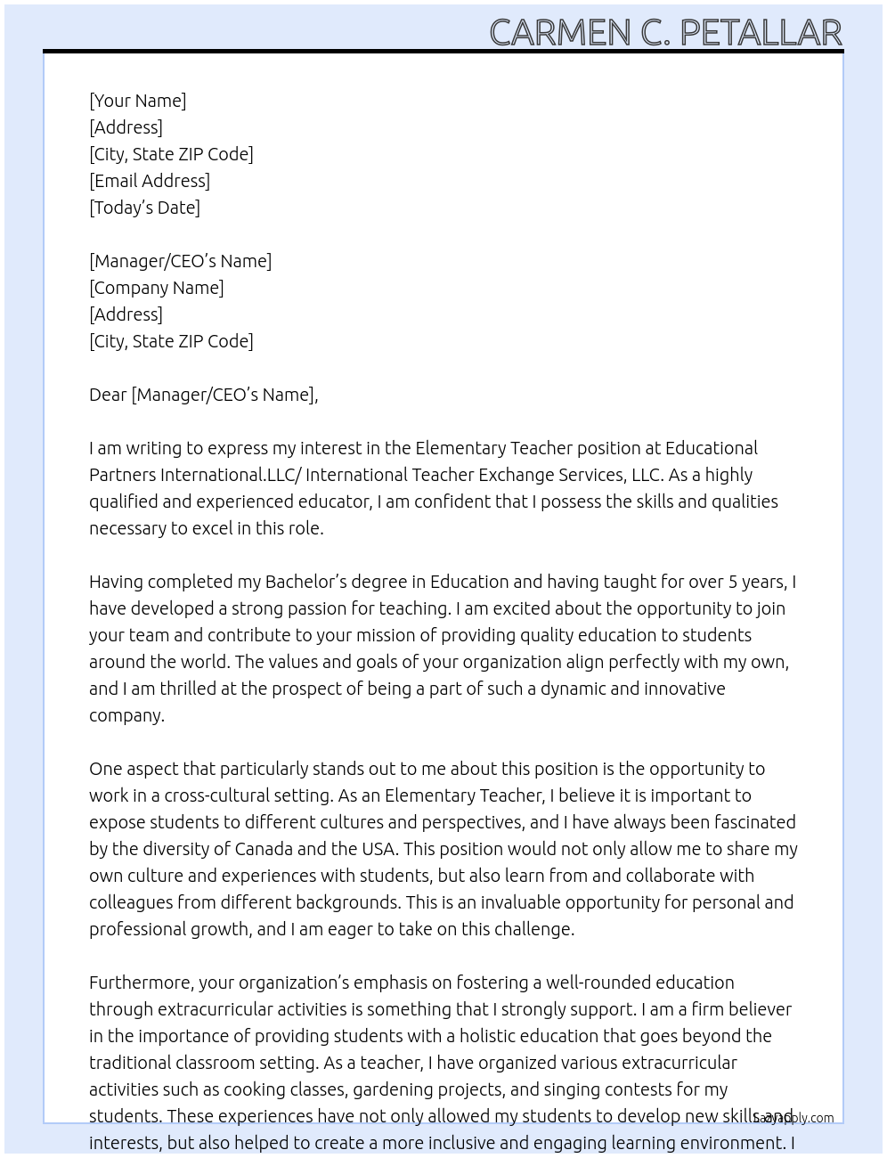 Elementary Teacher At Educational Partners International.LLC/ International Teacher Exchange Services, LLC Cover Letter