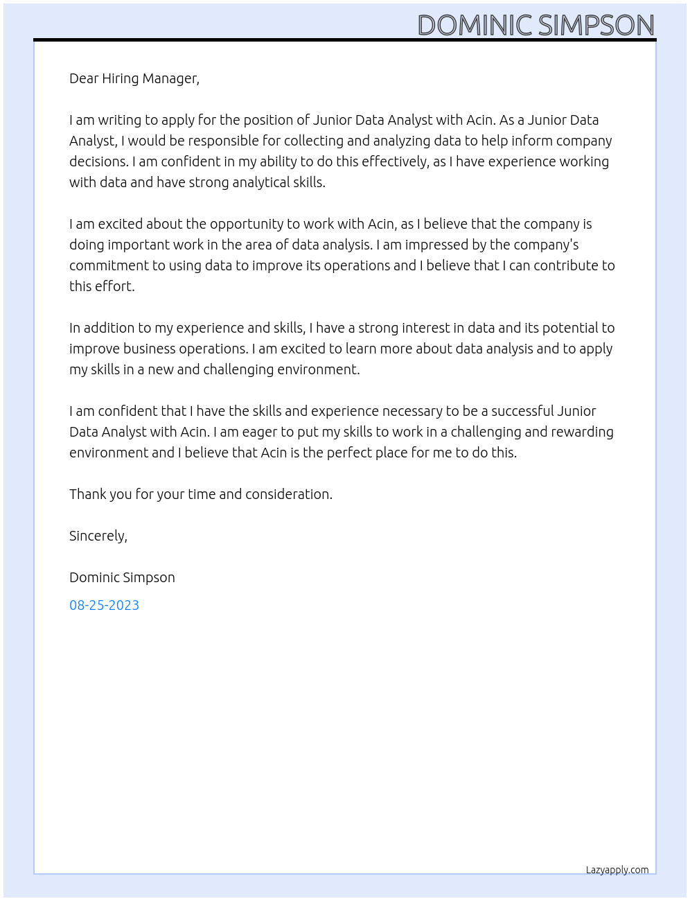 Junior Data Analyst At Acin Cover Letter