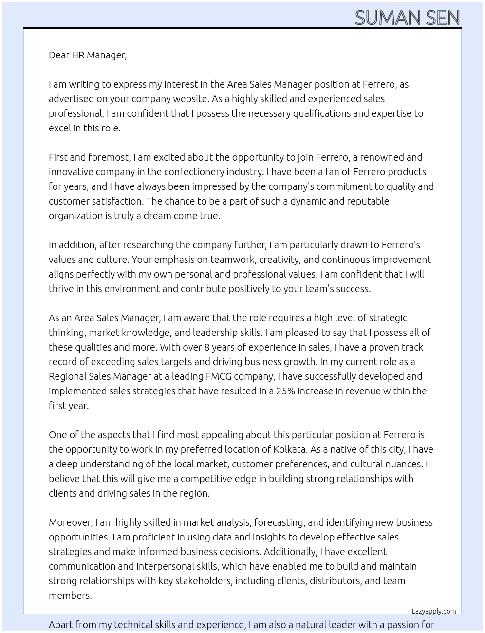 Area Sales Manager At Ferrero Cover Letter