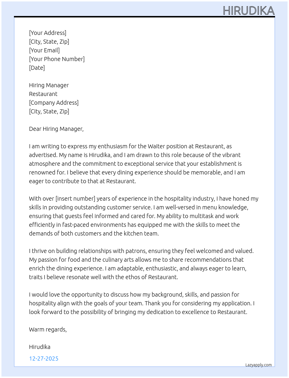 Waiter At Restaurant Cover Letter