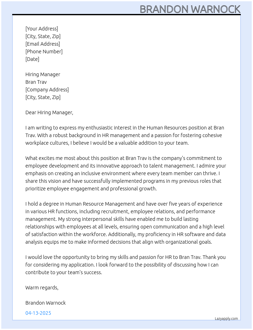 human resources At Bran Trav Cover Letter