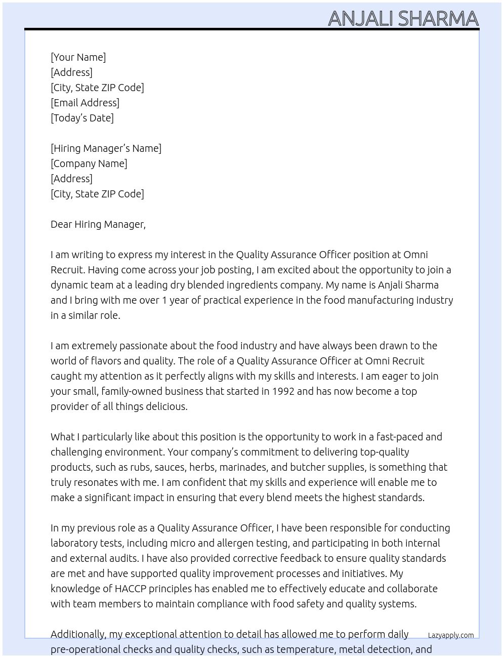 Quality Assurance Officer At Omni Recruit Cover Letter