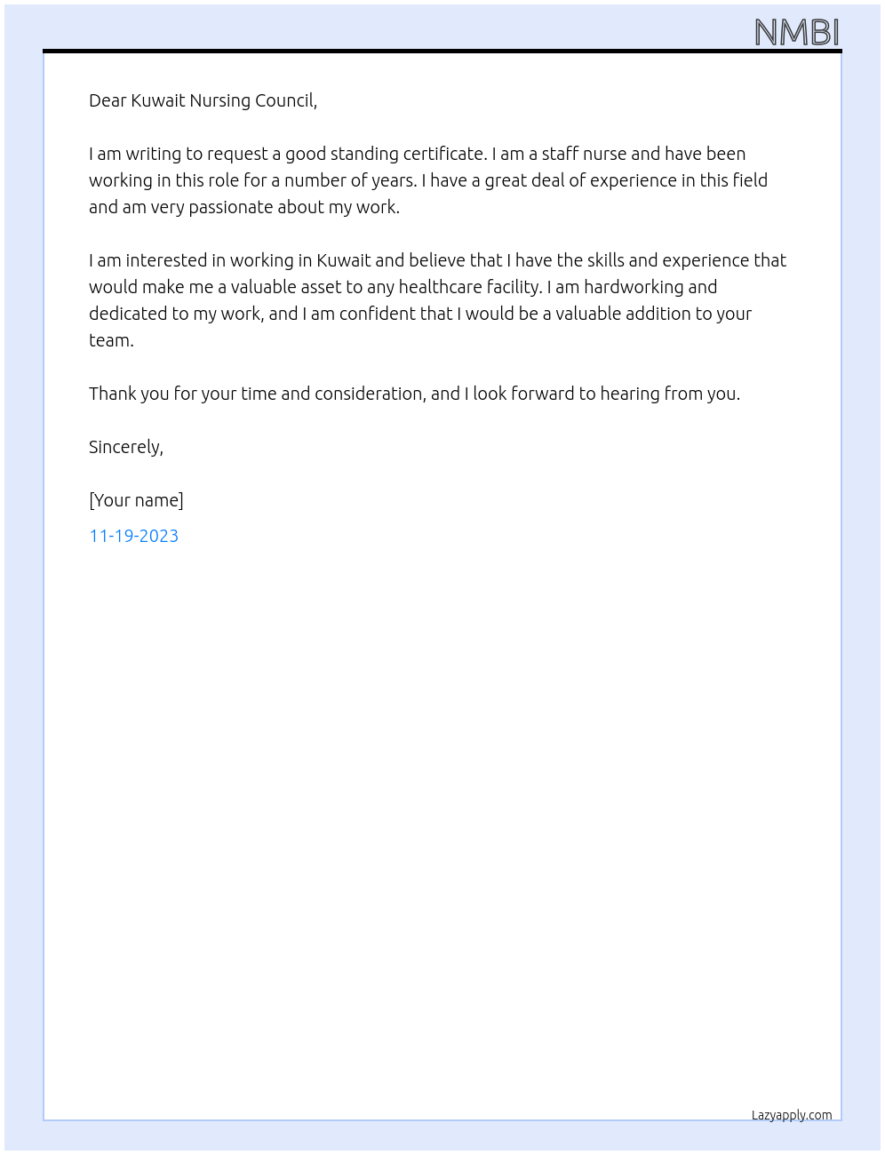 Staff Nurse  At Kuwait nursing council  Cover Letter