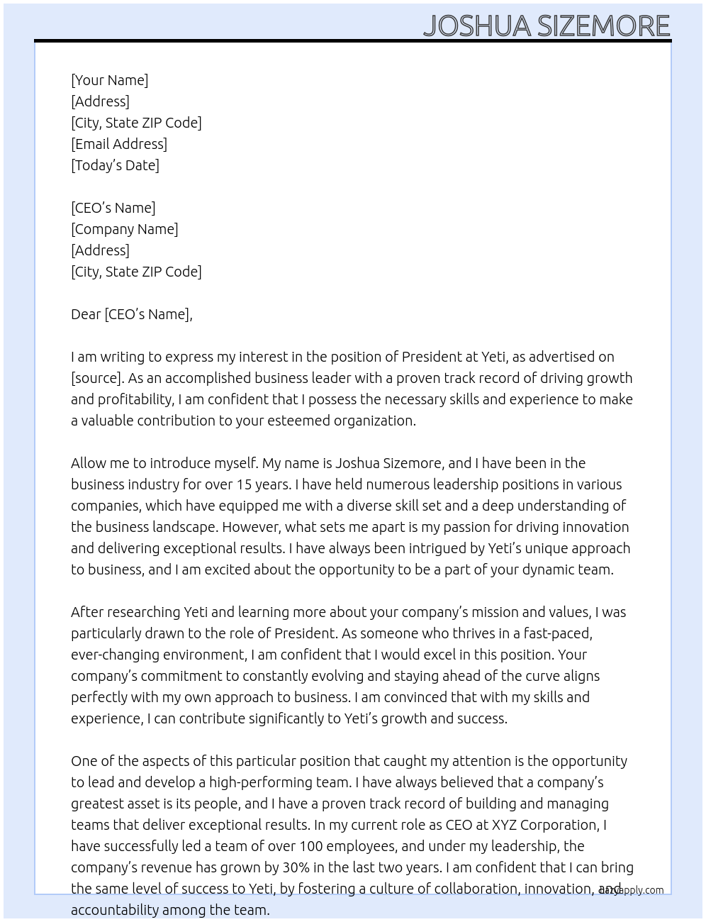 President  At Yeti  Cover Letter