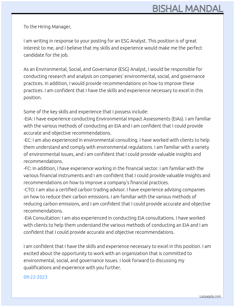 ESG Analyst At Organisation Cover Letter