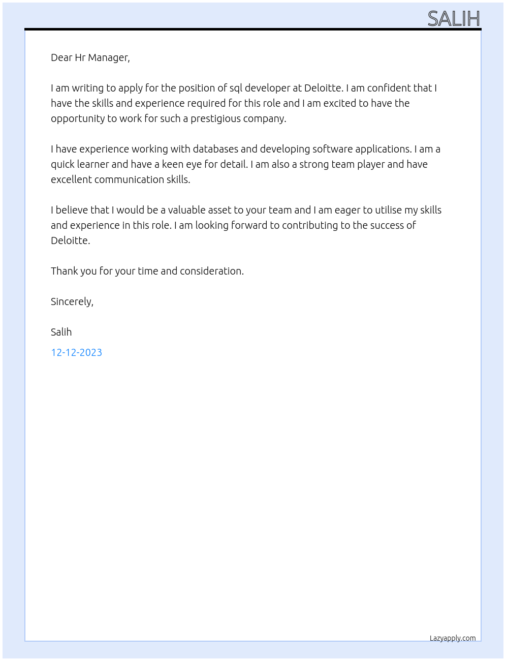sql developer At Deloitte Cover Letter