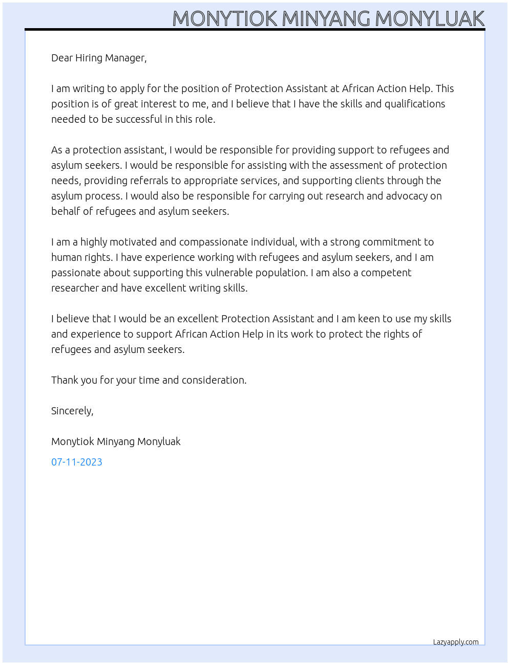 Protection assistant At African Action Help Cover Letter