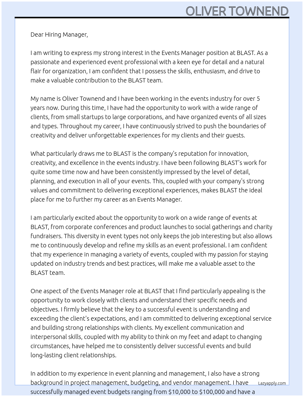 Events Manager At BLAST Cover Letter