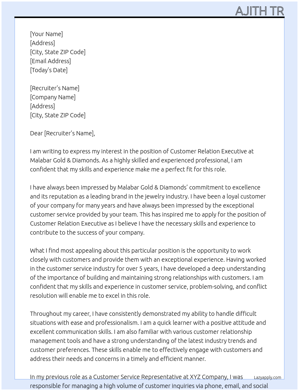 Customer relation executive  At Malabar Gold & Diamonds  Cover Letter