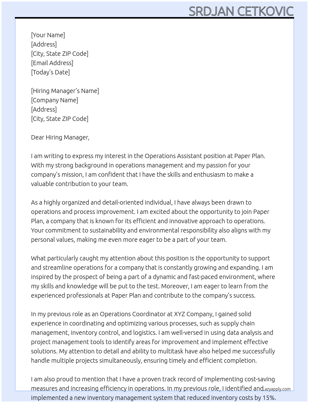 Operations assistant At Paper plan Cover Letter