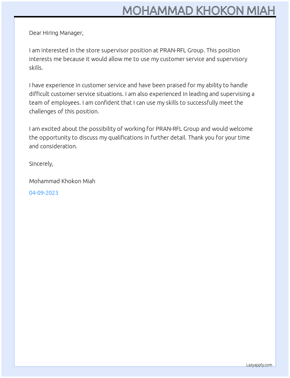 store supervisor At PRAN-RFL Group Cover Letter