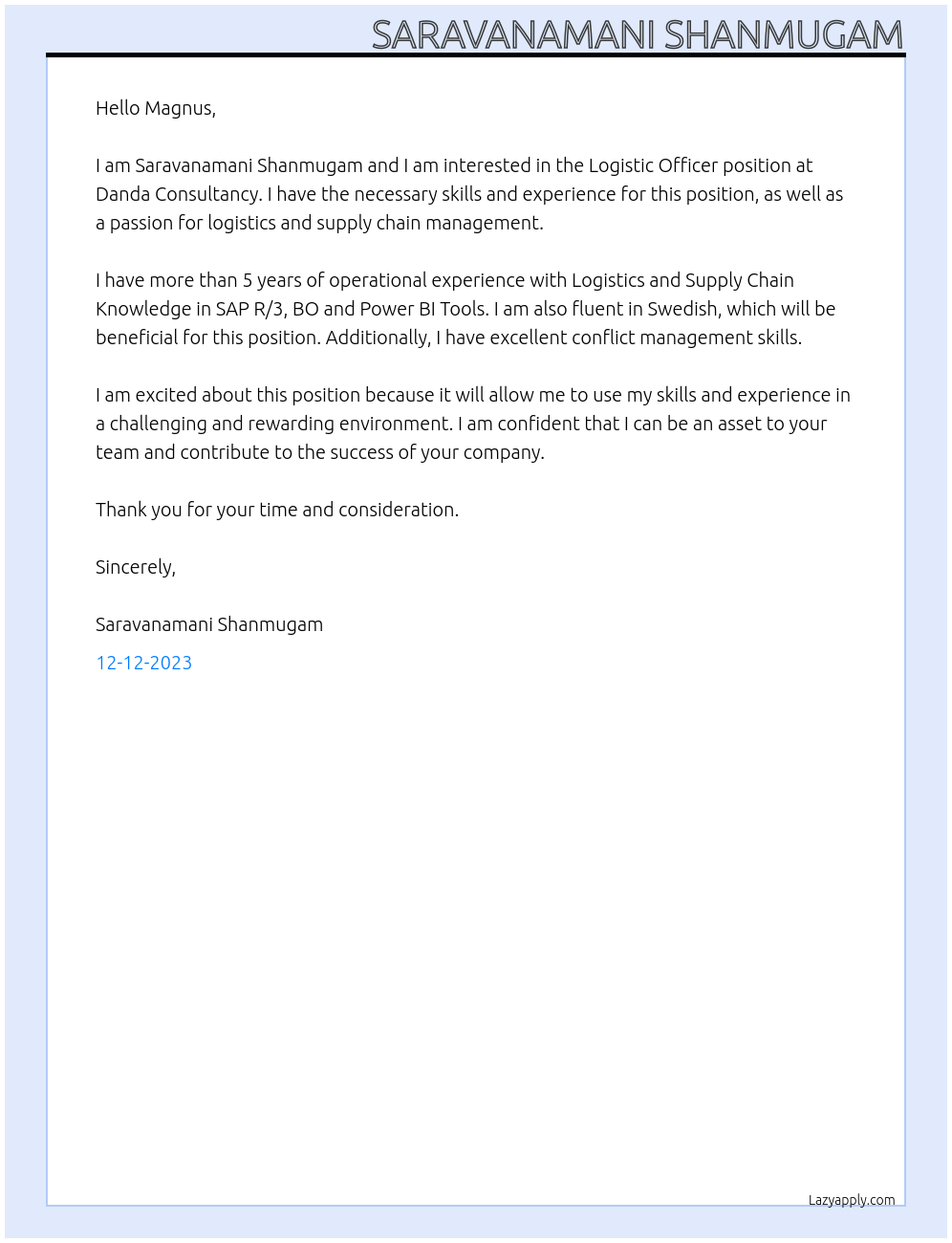 Logistic Officer At danda consultancy Cover Letter