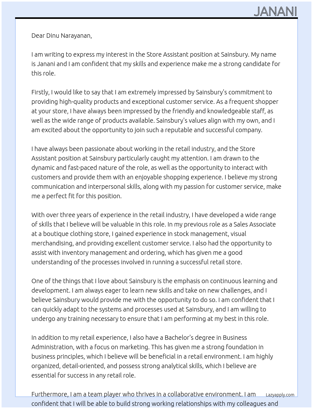 store Assistant At sainsbury Cover Letter