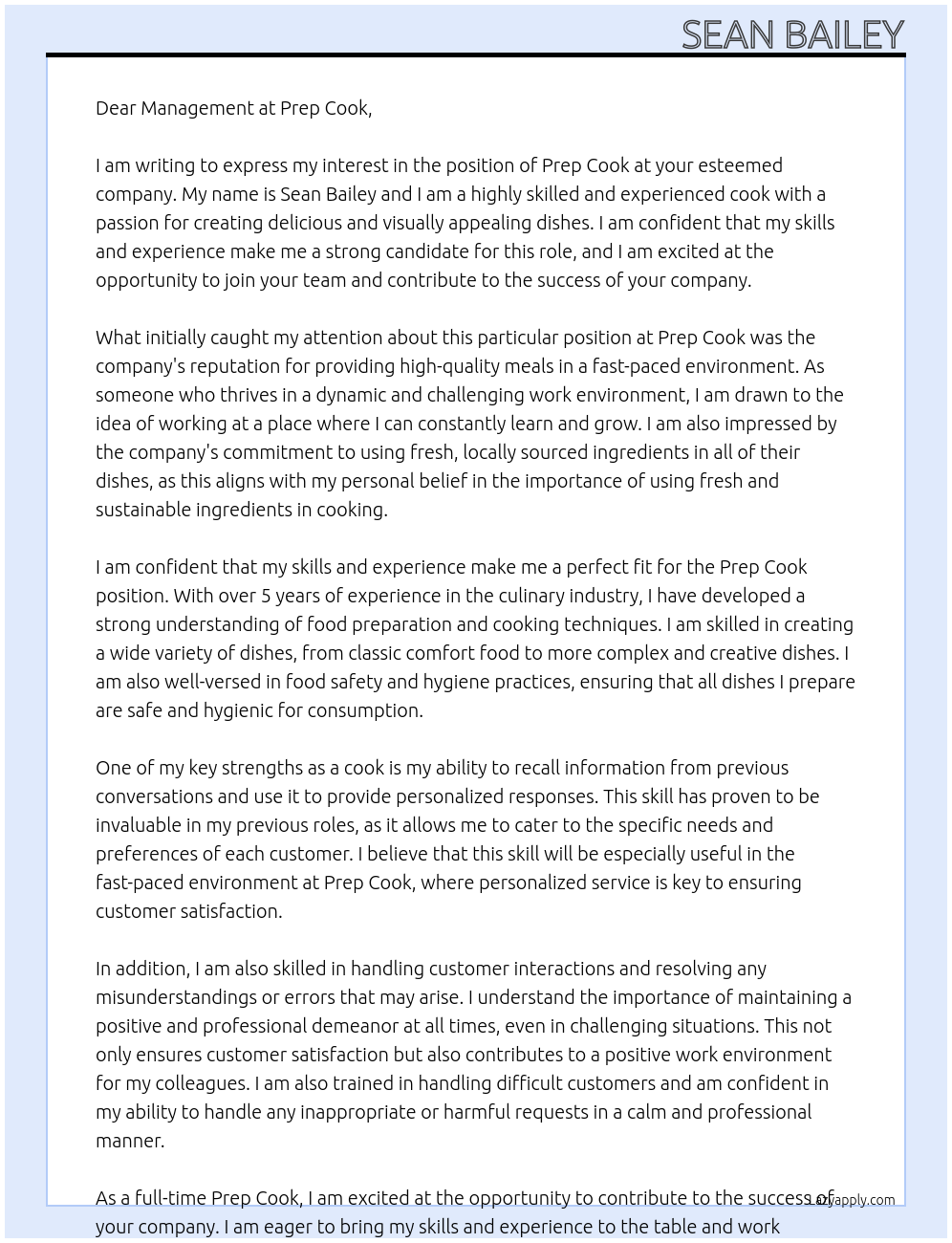 Prep cook At Prep Cook Cover Letter