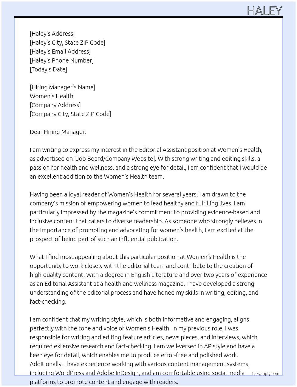 Editorial Assistant At Women's Health Cover Letter