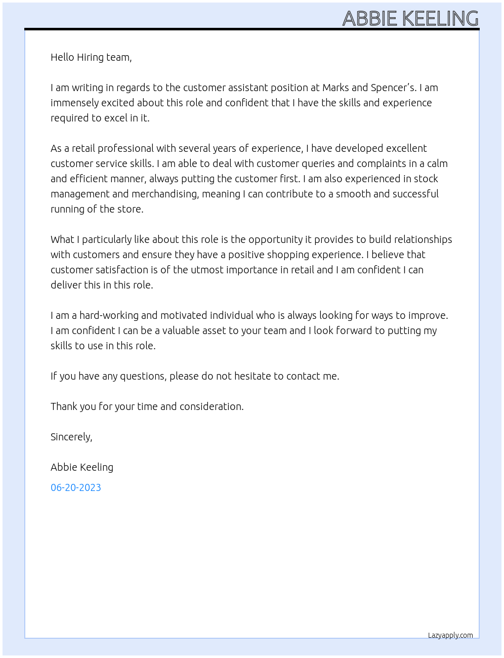 customer assistant At marks and spencer’s Cover Letter