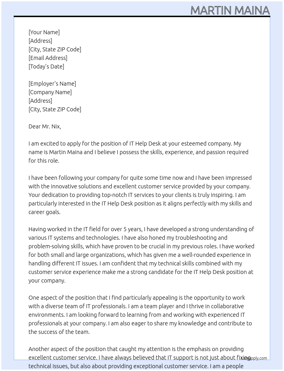 IT Help desk At Josh Nix Cover Letter