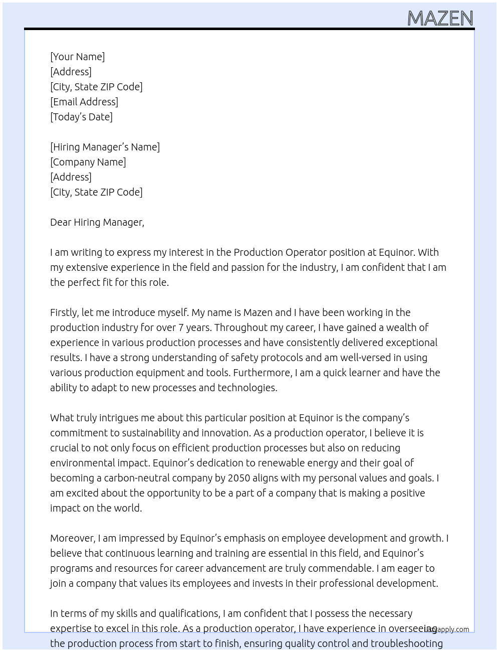 Production Operator At Equinor Cover Letter